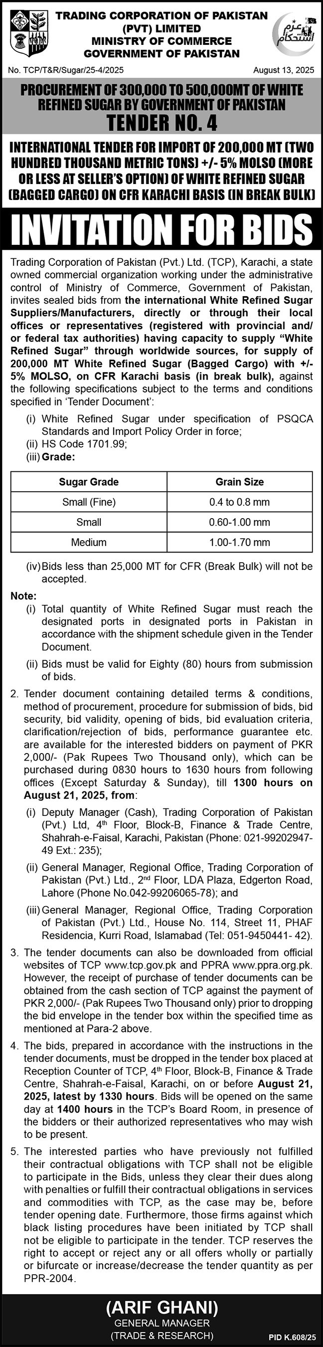 Trading Corporation of Pakistan Private Limited Karachi Tender Notice